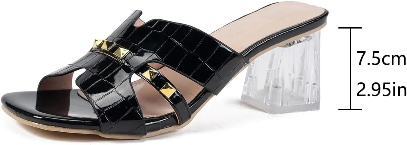 Women's Open Toe Rivet Chunky Heel Slides Sandals Fashion Square Toe Slip On Clear Block Heel Mule Sandals Dressy Party Dress Summer Slippers