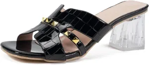 Women's Open Toe Rivet Chunky Heel Slides Sandals Fashion Square Toe Slip On Clear Block Heel Mule Sandals Dressy Party Dress Summer Slippers
