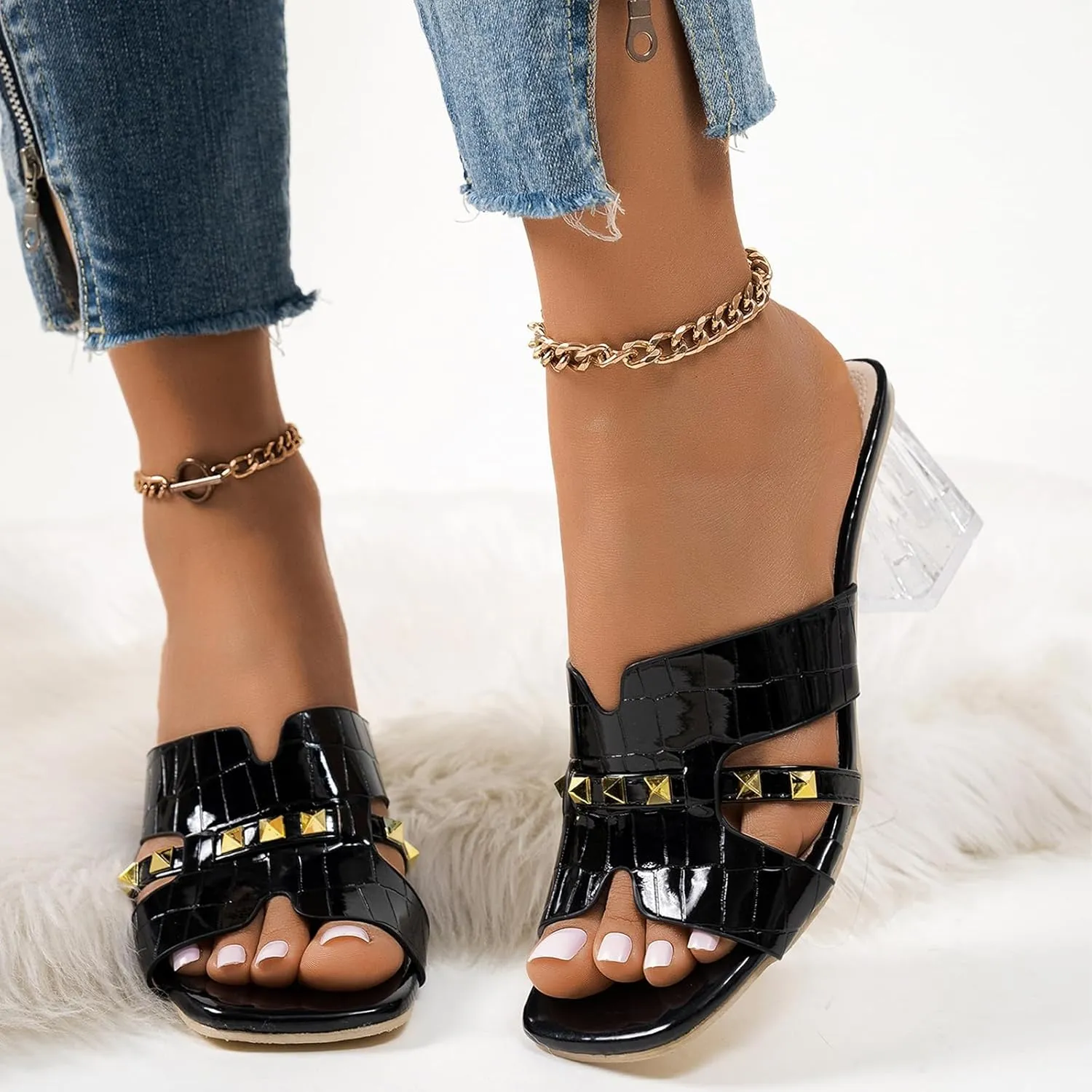 Women's Open Toe Rivet Chunky Heel Slides Sandals Fashion Square Toe Slip On Clear Block Heel Mule Sandals Dressy Party Dress Summer Slippers