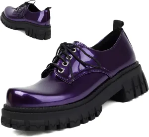 Women's Patent Leather Platform Chunky Loafers Perforated Lace-up Round Toe Wingtip Oxford Shoes Non-Slip Lug Sole Brogue Dress Shoe