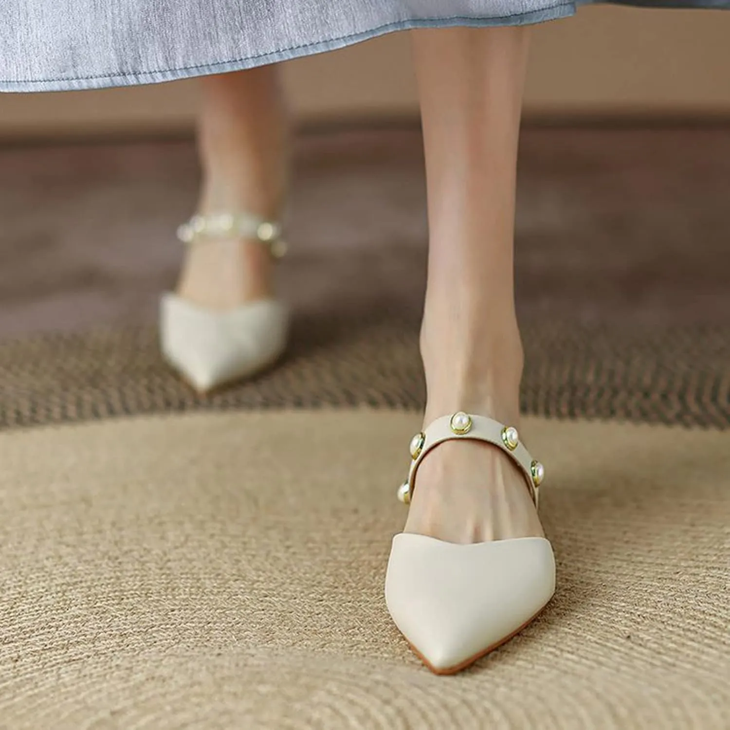 Women's Pointed Toe Mules Sandals Backless Slip On Pearl Strap Dressy Mary Jane Slides Flat Shoes