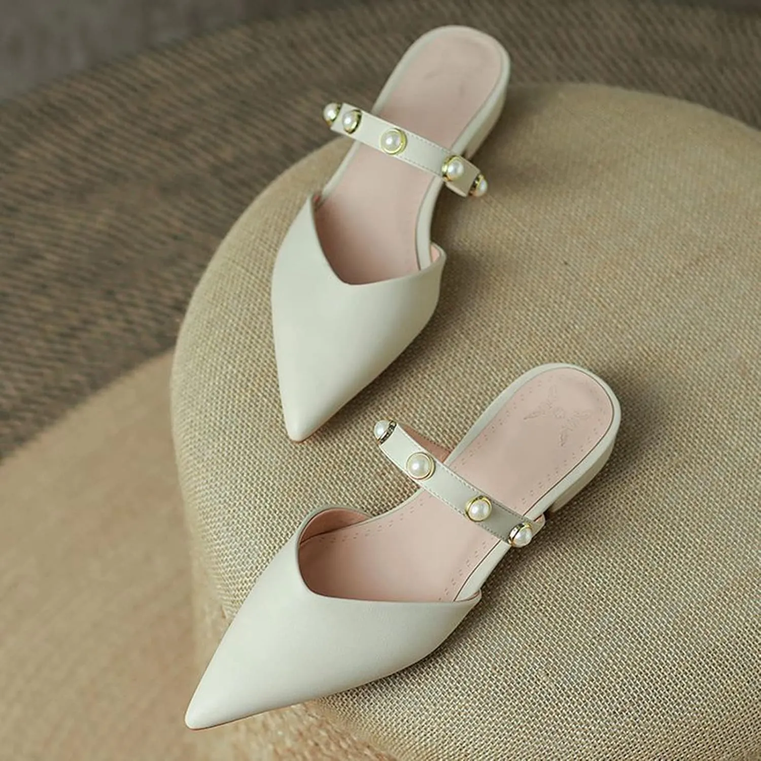 Women's Pointed Toe Mules Sandals Backless Slip On Pearl Strap Dressy Mary Jane Slides Flat Shoes