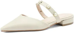 Women's Pointed Toe Mules Sandals Backless Slip On Pearl Strap Dressy Mary Jane Slides Flat Shoes
