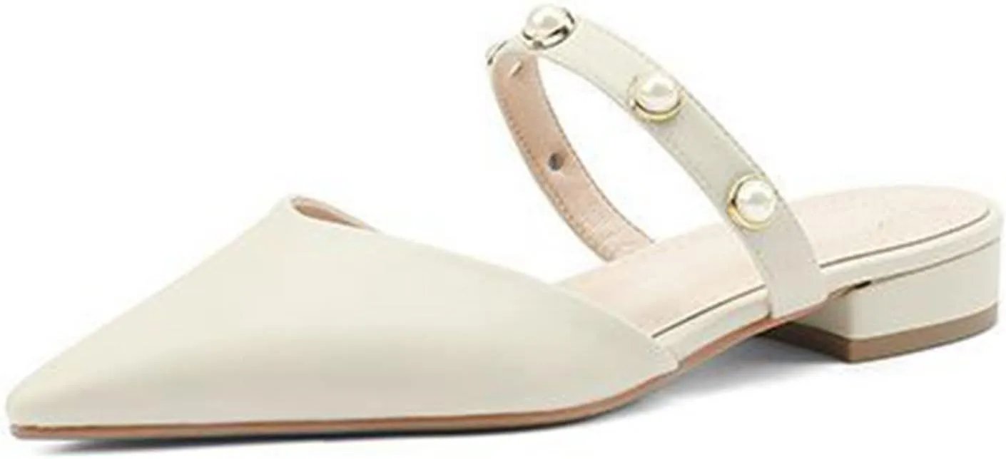 Women's Pointed Toe Mules Sandals Backless Slip On Pearl Strap Dressy Mary Jane Slides Flat Shoes