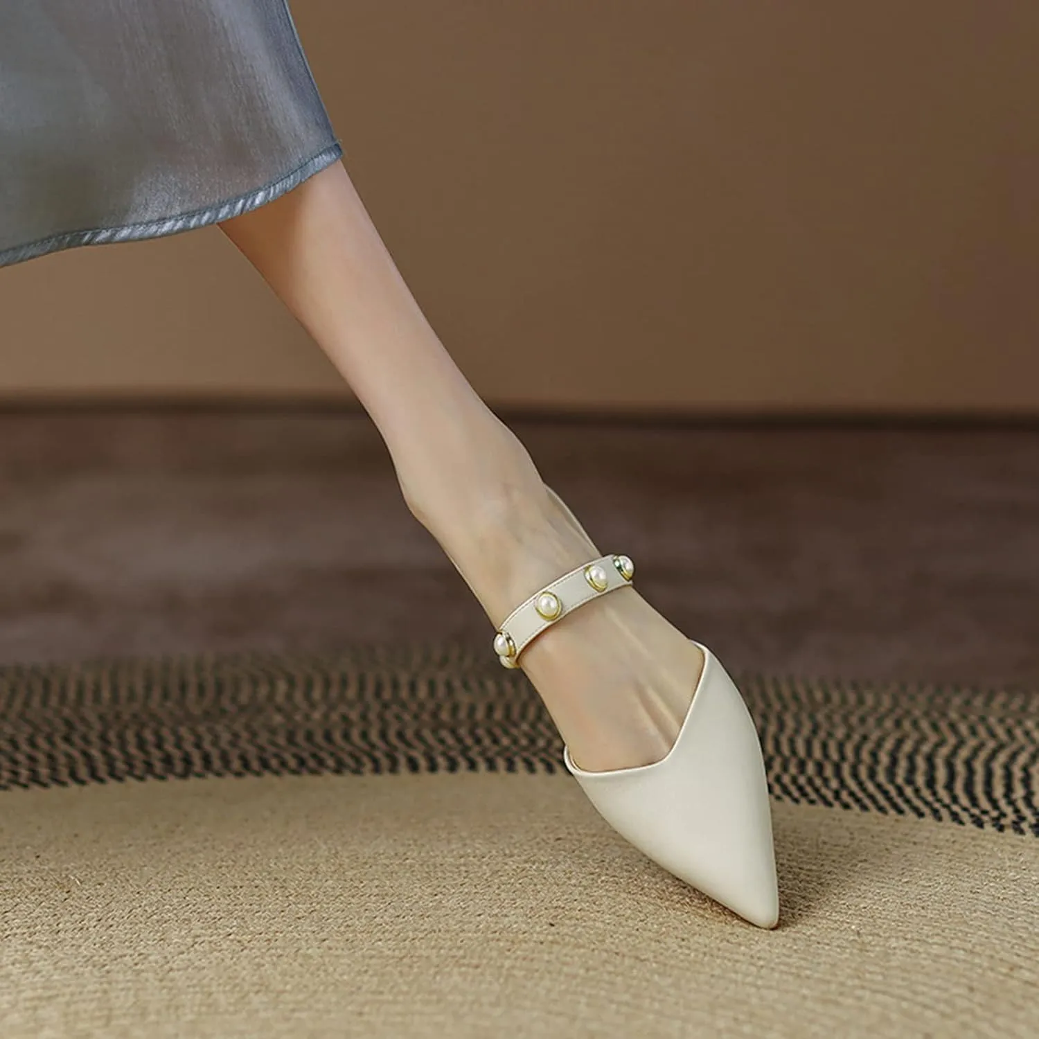 Women's Pointed Toe Mules Sandals Backless Slip On Pearl Strap Dressy Mary Jane Slides Flat Shoes