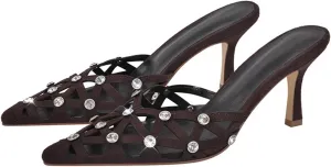 Women's Pointed Toe Mules - Slip On Thin Heel Classic Rhinestone Sandals