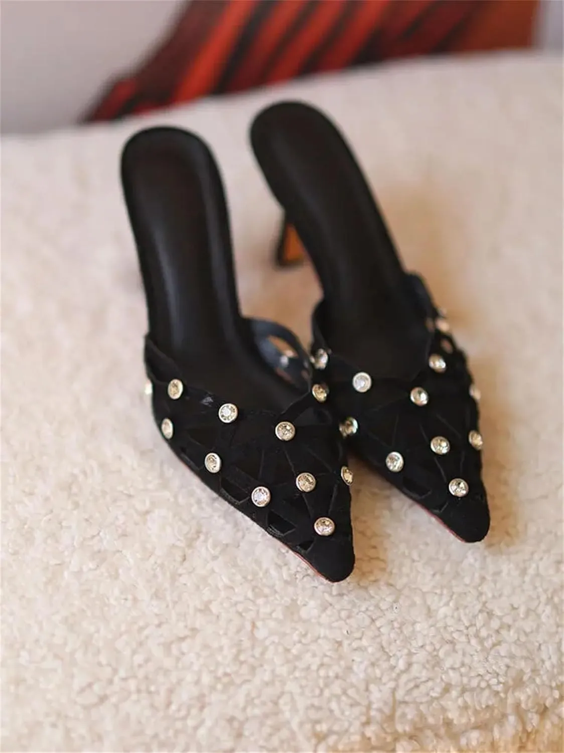 Women's Pointed Toe Mules - Slip On Thin Heel Classic Rhinestone Sandals