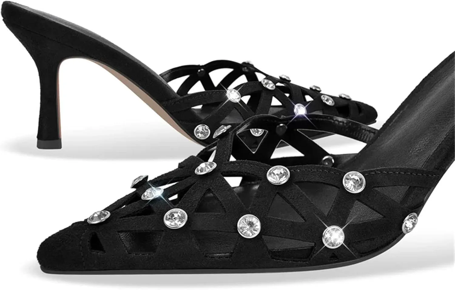 Women's Pointed Toe Mules - Slip On Thin Heel Classic Rhinestone Sandals