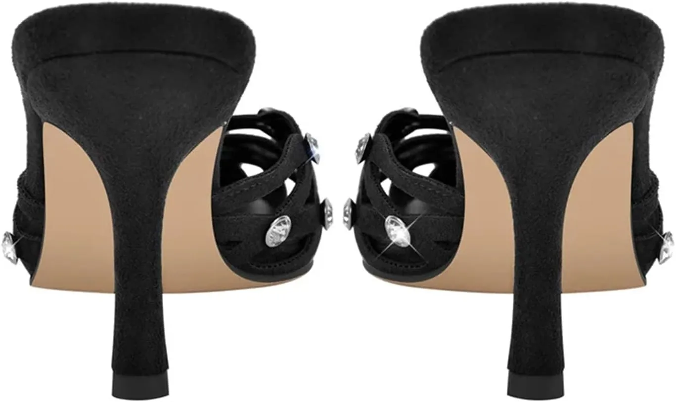 Women's Pointed Toe Mules - Slip On Thin Heel Classic Rhinestone Sandals
