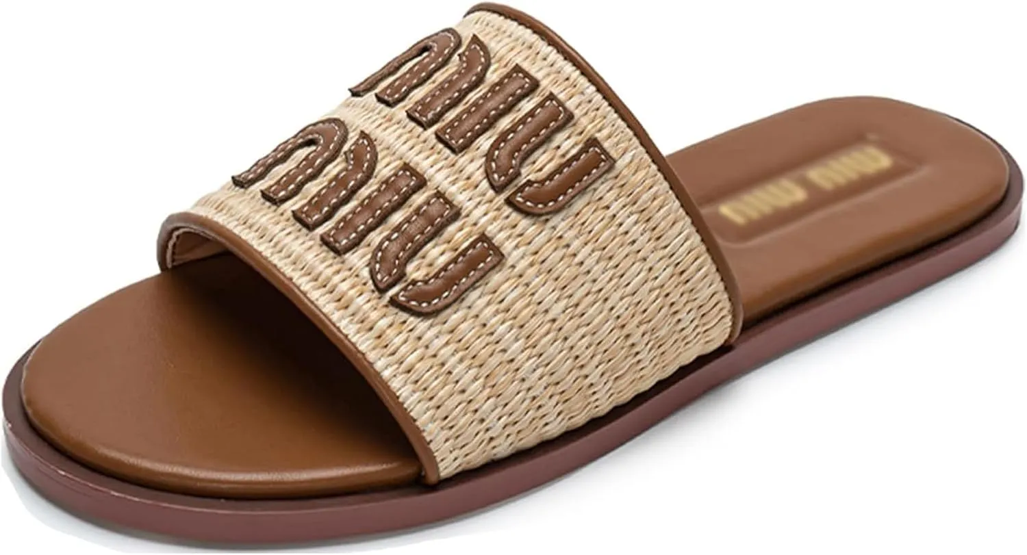 Womens Raffia Flat Sandals Summer Casual Beach Sandals Slip On Slipper Shoes