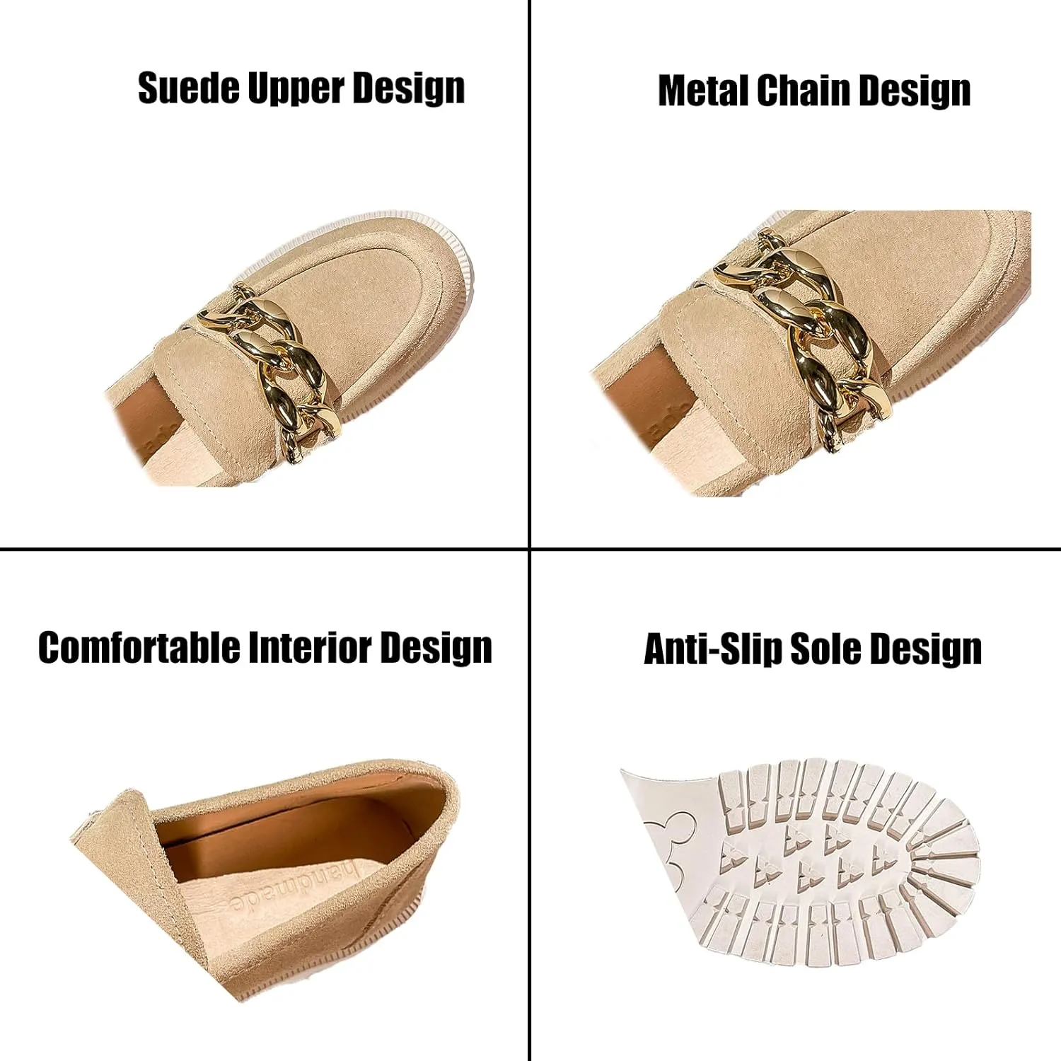 Women's Retro Suede Casual Loafers Slip-On Metal Trim Chain Thick Sole Walking Shoes Moccasin Lightweight Non-Slip Thick Sole Boat Shoes