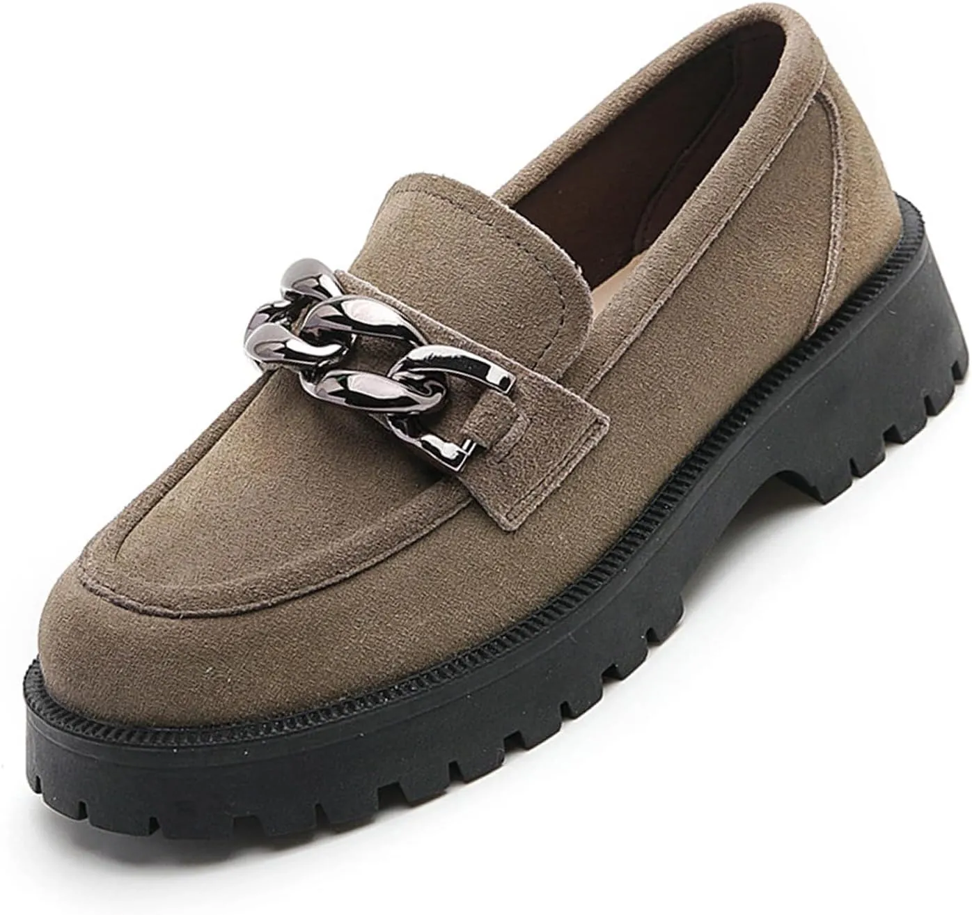 Women's Retro Suede Casual Loafers Slip-On Metal Trim Chain Thick Sole Walking Shoes Moccasin Lightweight Non-Slip Thick Sole Boat Shoes