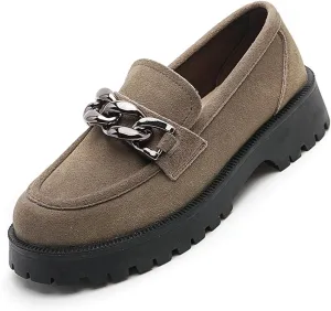Women's Retro Suede Casual Loafers Slip-On Metal Trim Chain Thick Sole Walking Shoes Moccasin Lightweight Non-Slip Thick Sole Boat Shoes