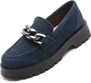 Women's Retro Suede Casual Loafers Slip-On Metal Trim Chain Thick Sole Walking Shoes Moccasin Lightweight Non-Slip Thick Sole Boat Shoes