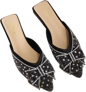 Women's Rhinestone Bow Flat Mules,Fashion Sequins Bow-Knot Closed Pointed Toe Backless Comfortable Slip-On Beef Tendon Soft Sole Slides Wedding Party Mule Shoes