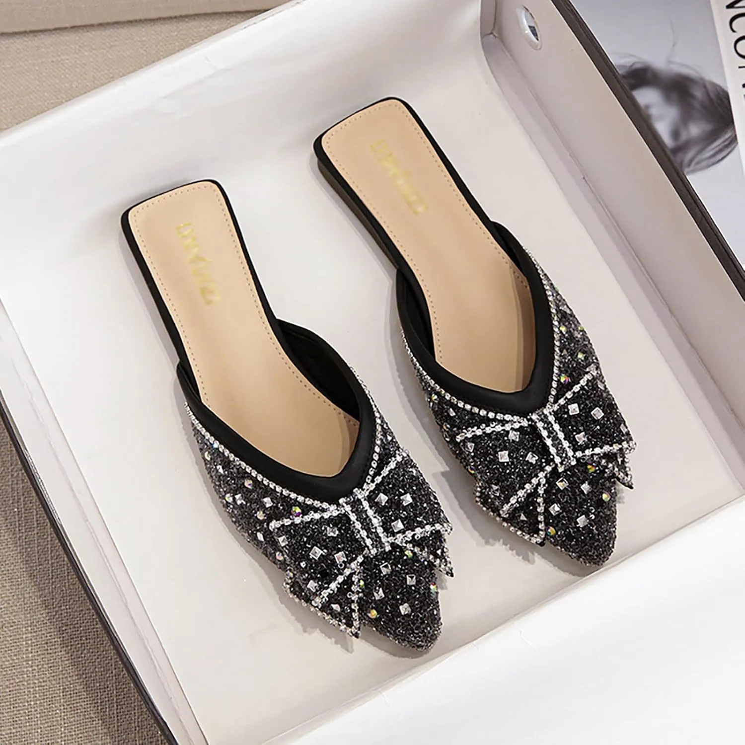 Women's Rhinestone Bow Flat Mules,Fashion Sequins Bow-Knot Closed Pointed Toe Backless Comfortable Slip-On Beef Tendon Soft Sole Slides Wedding Party Mule Shoes