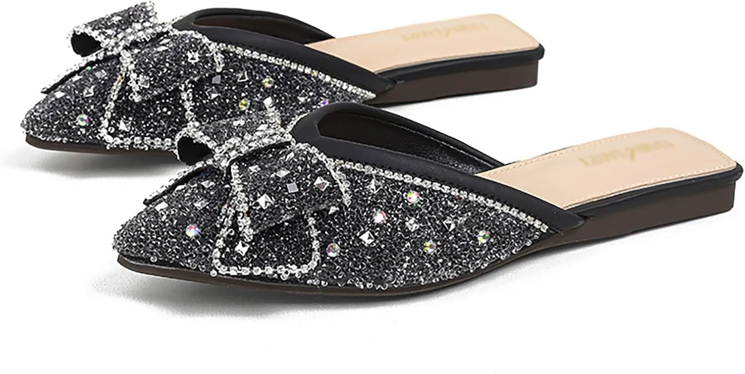 Women's Rhinestone Bow Flat Mules,Fashion Sequins Bow-Knot Closed Pointed Toe Backless Comfortable Slip-On Beef Tendon Soft Sole Slides Wedding Party Mule Shoes