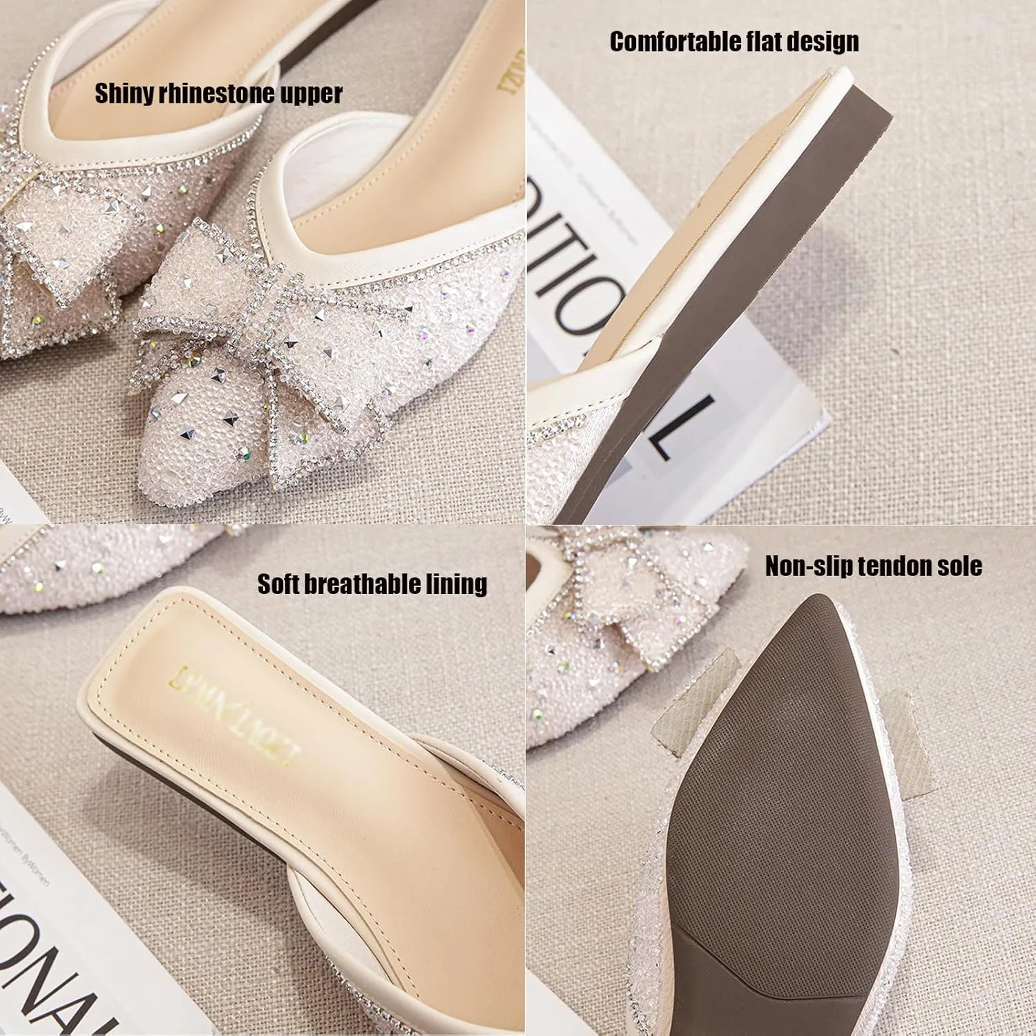 Women's Rhinestone Bow Flat Mules,Fashion Sequins Bow-Knot Closed Pointed Toe Backless Comfortable Slip-On Beef Tendon Soft Sole Slides Wedding Party Mule Shoes
