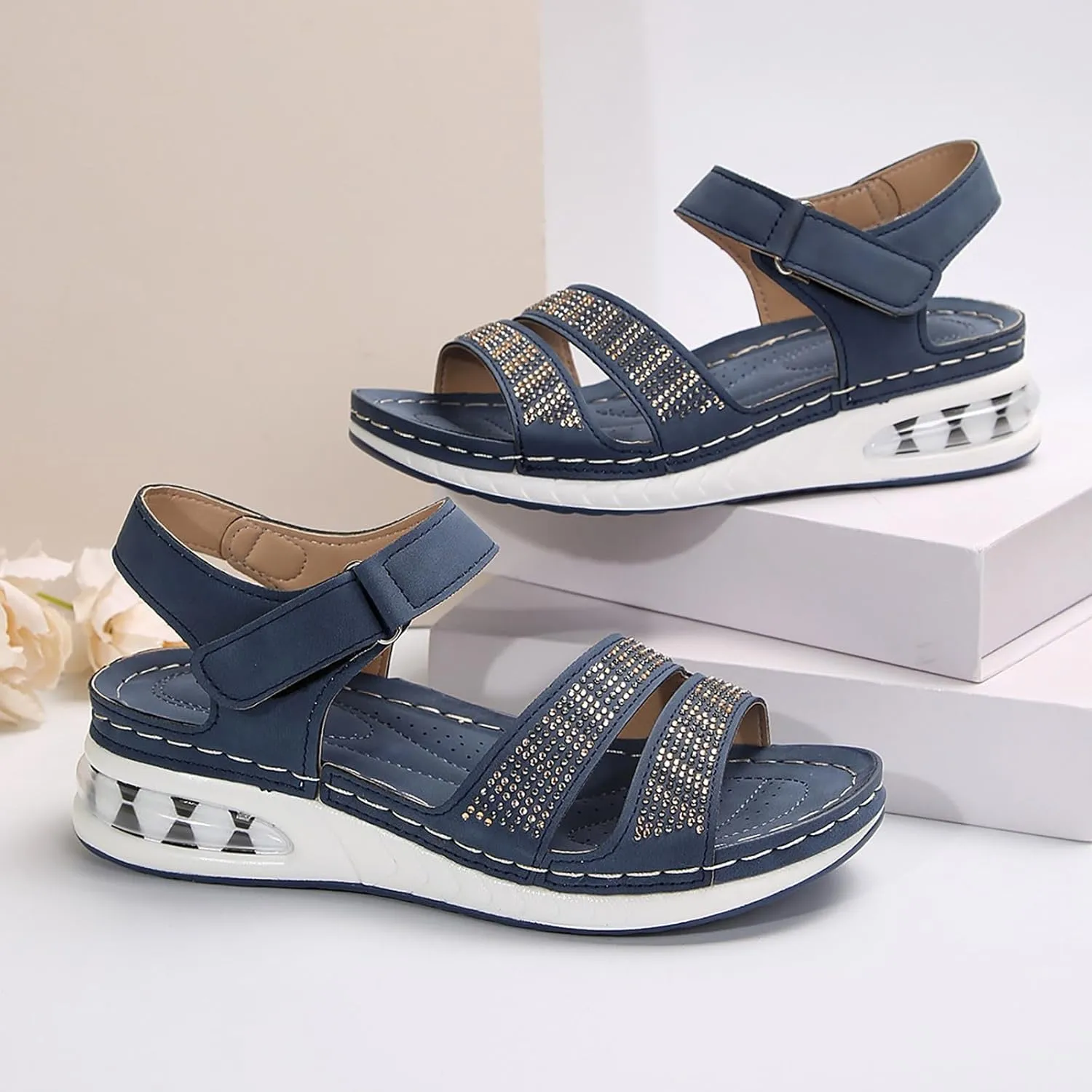 Women's Round Toe Flat Arch Support Wide Width Walking Running Back Ankle Strap Soft Cushion Low Platform Sandals