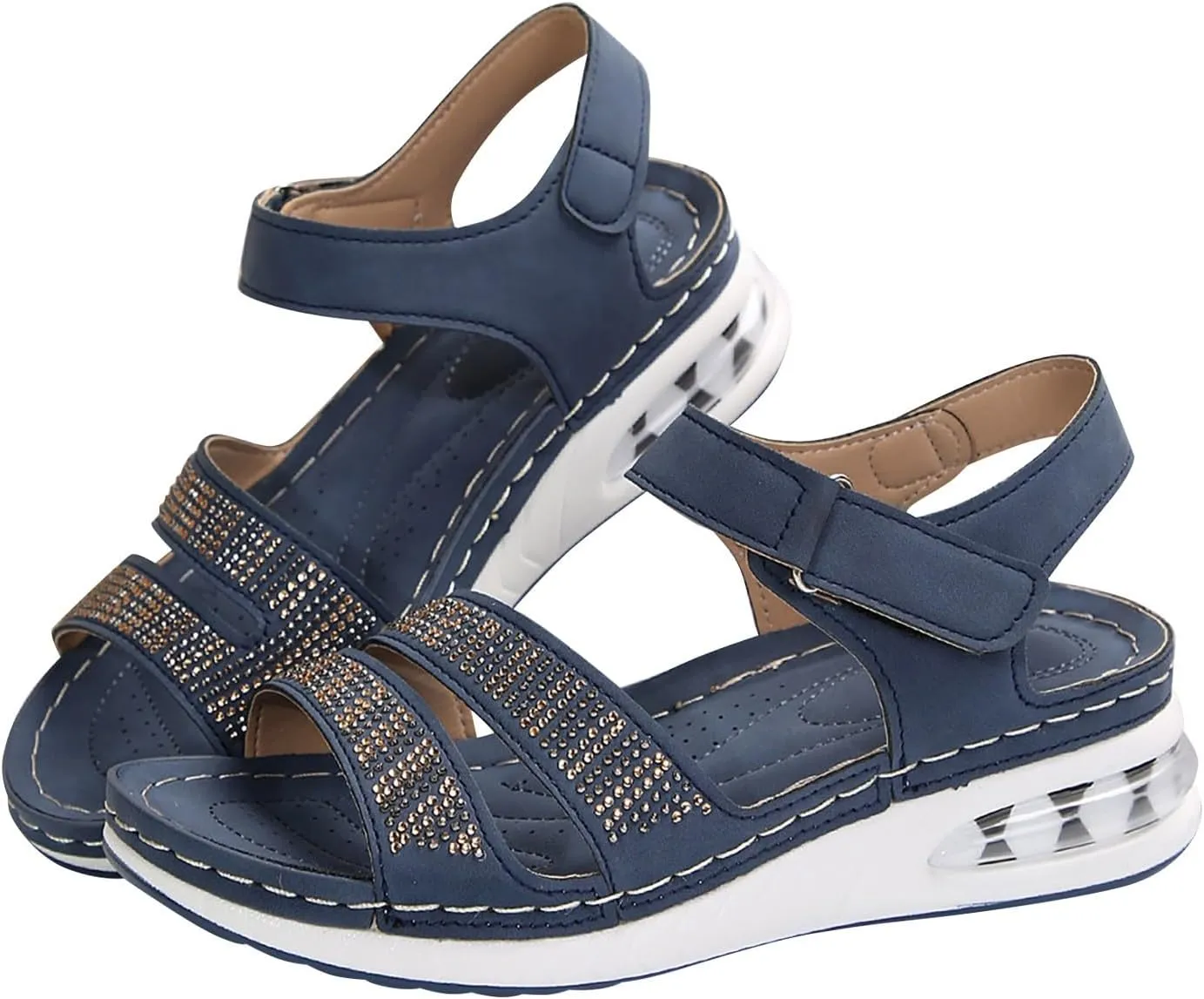 Women's Round Toe Flat Arch Support Wide Width Walking Running Back Ankle Strap Soft Cushion Low Platform Sandals