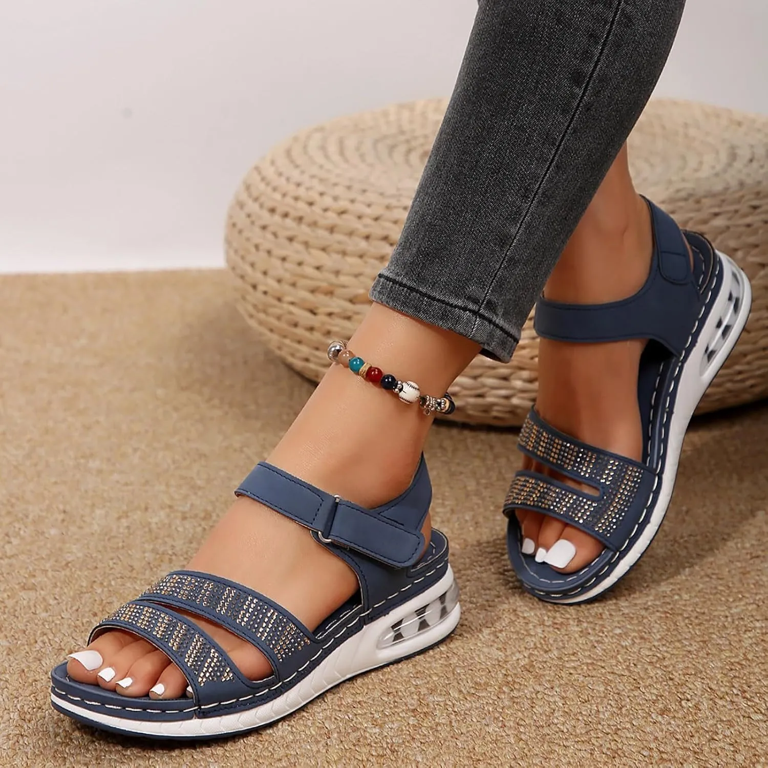 Women's Round Toe Flat Arch Support Wide Width Walking Running Back Ankle Strap Soft Cushion Low Platform Sandals