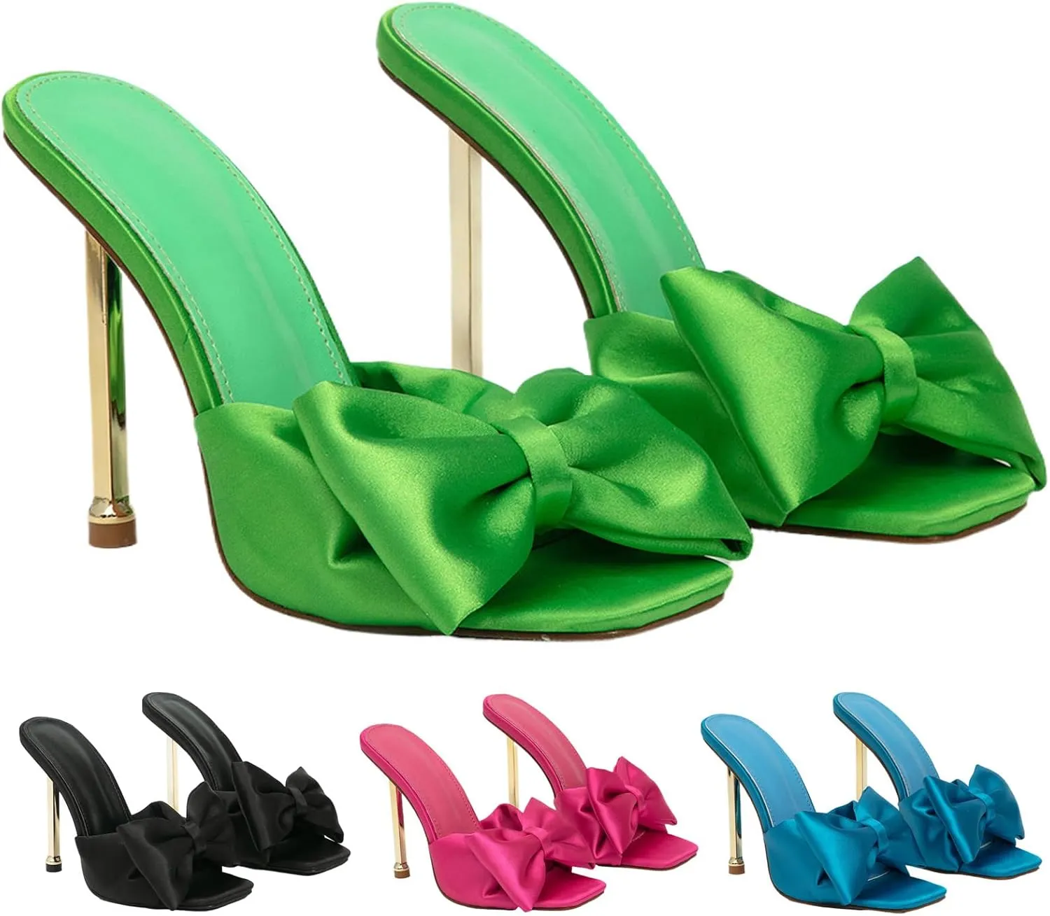Women's Satin Bow-Knot Sexy Stiletto Dress Sandals Fashion Comfortable Square Open Toe Slip On Super High Heel Party Slides Sandals for Prom Wedding Date