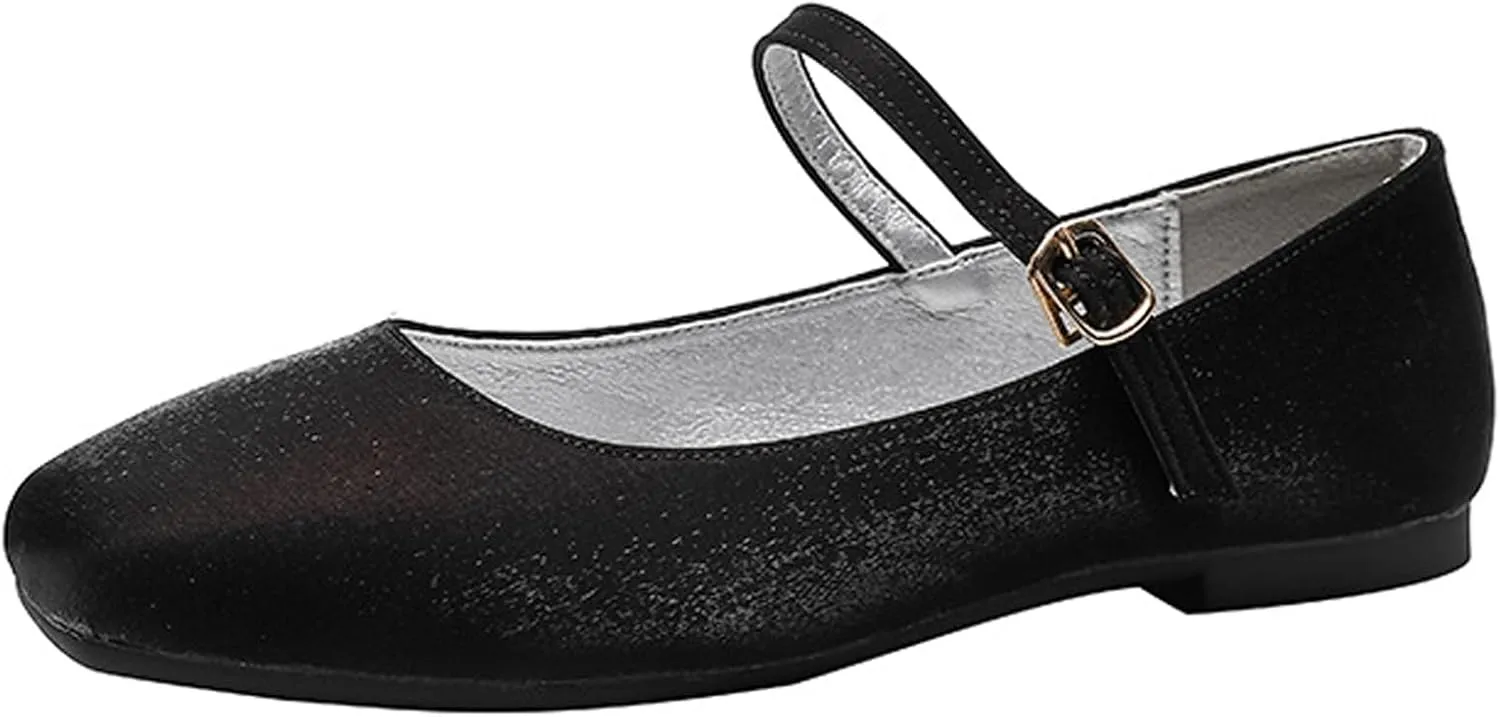 Women's Satin Square Toe Flat Retro Mary Jane Shoes Comfortable Lightweight Adjust One Strap Soft Dress Flat Shoes for Casual Walking Work