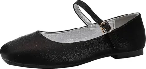 Women's Satin Square Toe Flat Retro Mary Jane Shoes Comfortable Lightweight Adjust One Strap Soft Dress Flat Shoes for Casual Walking Work
