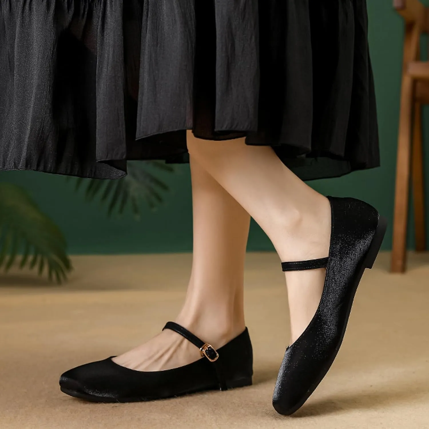 Women's Satin Square Toe Flat Retro Mary Jane Shoes Comfortable Lightweight Adjust One Strap Soft Dress Flat Shoes for Casual Walking Work