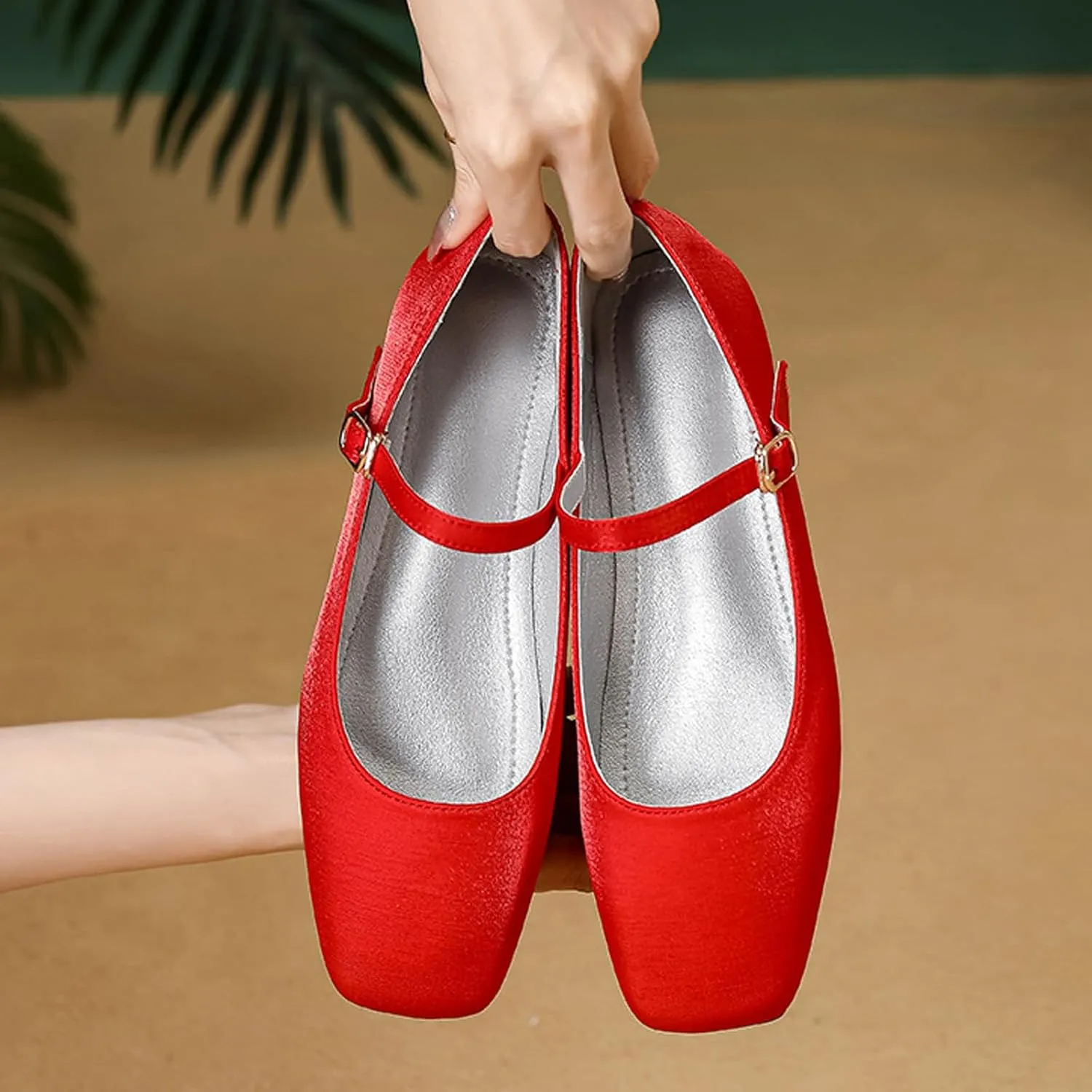 Women's Satin Square Toe Flat Retro Mary Jane Shoes Comfortable Lightweight Adjust One Strap Soft Dress Flat Shoes for Casual Walking Work
