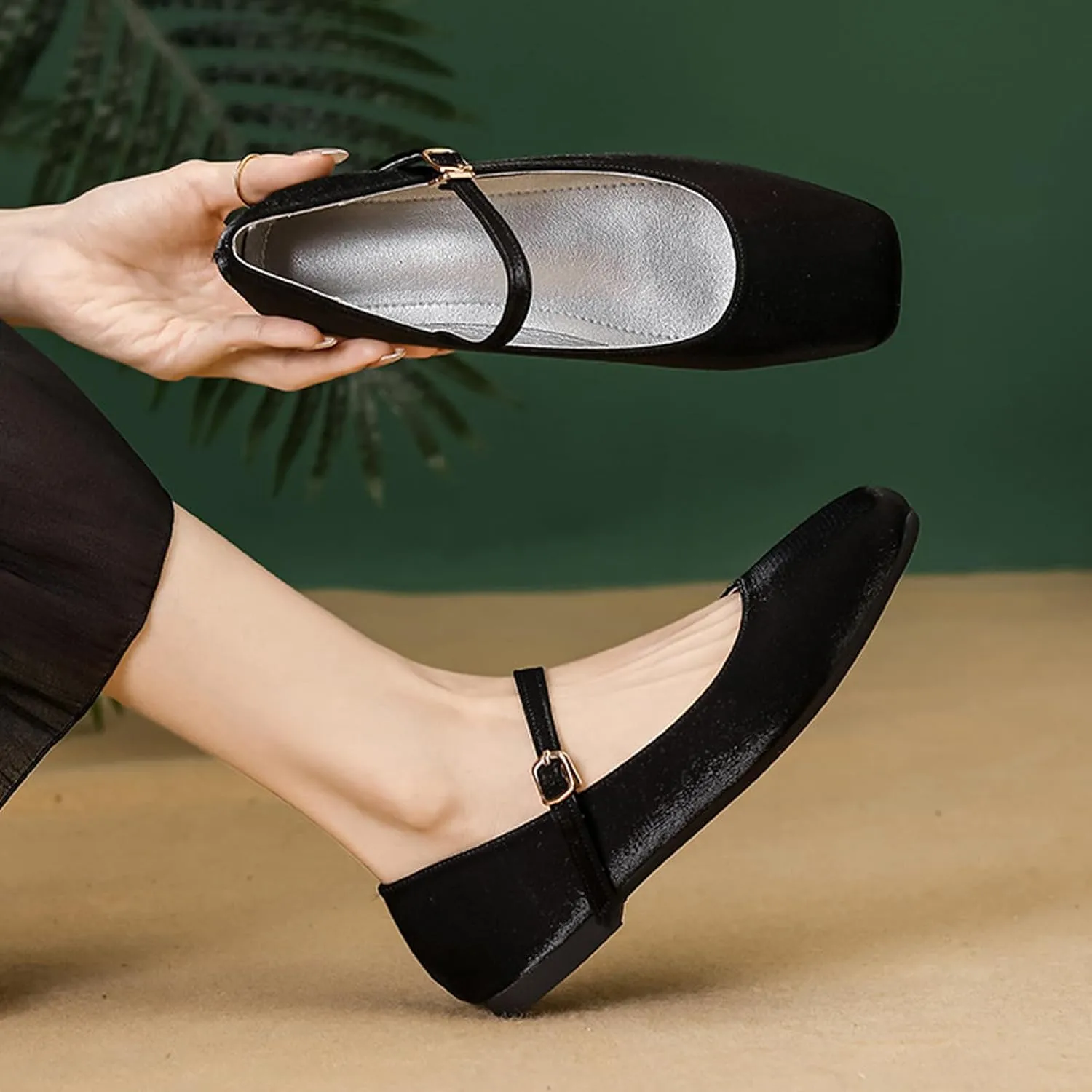 Women's Satin Square Toe Flat Retro Mary Jane Shoes Comfortable Lightweight Adjust One Strap Soft Dress Flat Shoes for Casual Walking Work