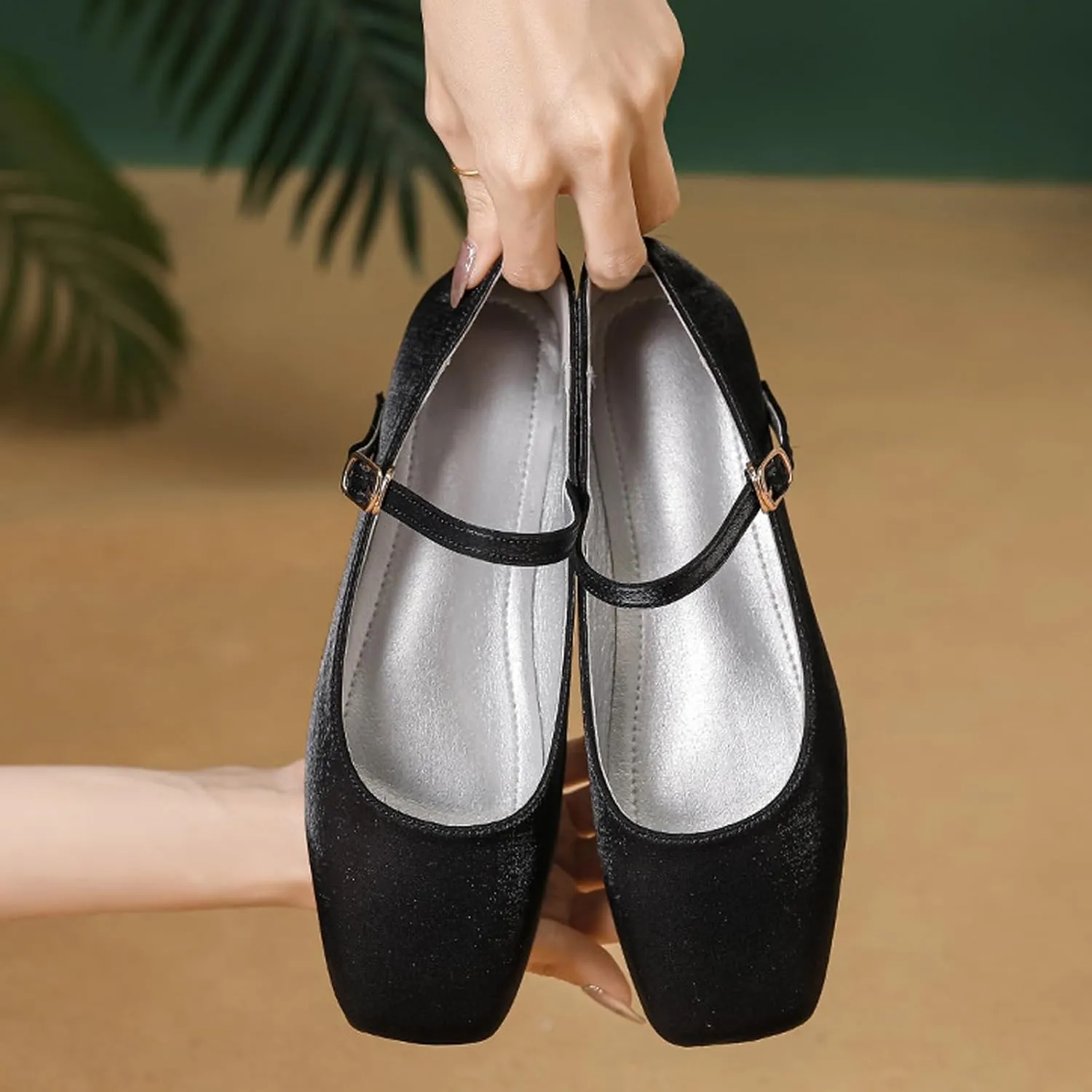 Women's Satin Square Toe Flat Retro Mary Jane Shoes Comfortable Lightweight Adjust One Strap Soft Dress Flat Shoes for Casual Walking Work