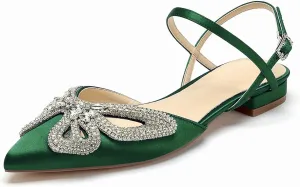 Women's Slingback Flats Rhinestones Bow Flat Pumps for Women Pointed Toe Comfort Flat Wedding Dress Shoes Sandals
