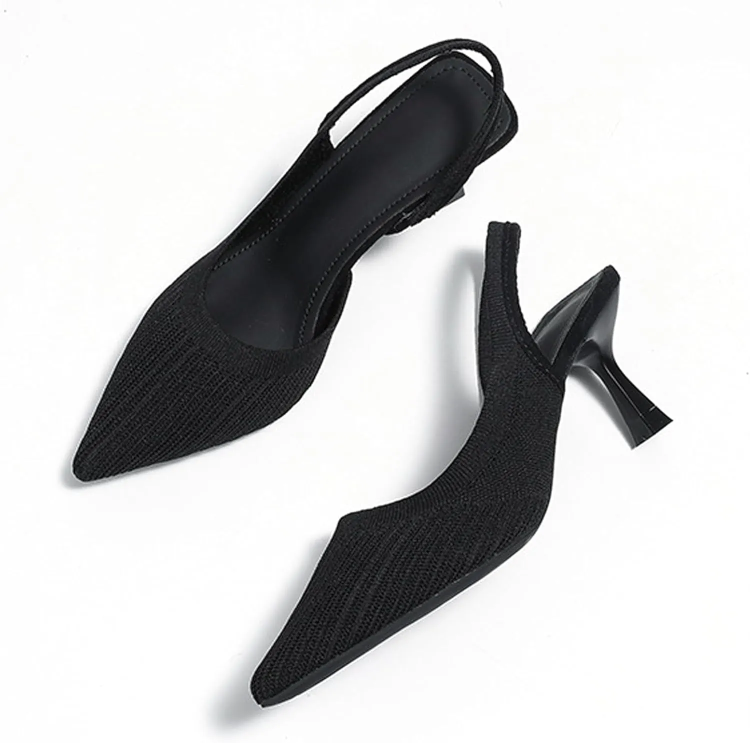 Women's Slingback Kitten Heel Knitted Pumps Breathable Closed Pointed Toe Low Heeled Mesh Ankle Strap Dress Sandals Slip On Casual Work Party Shoes