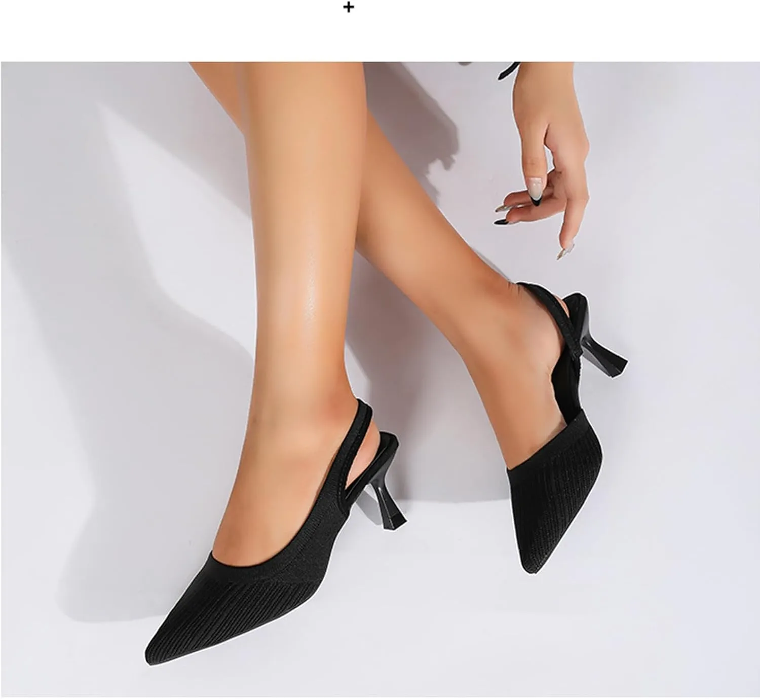 Women's Slingback Kitten Heel Knitted Pumps Breathable Closed Pointed Toe Low Heeled Mesh Ankle Strap Dress Sandals Slip On Casual Work Party Shoes