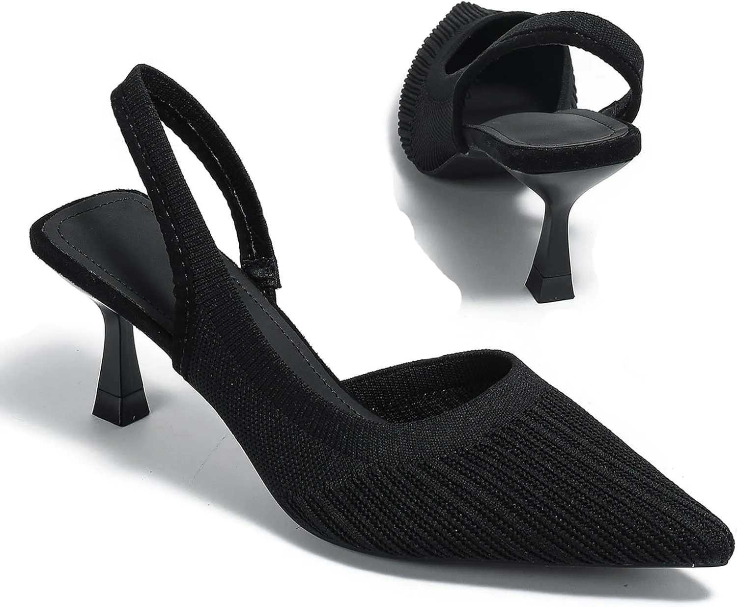 Women's Slingback Kitten Heel Knitted Pumps Breathable Closed Pointed Toe Low Heeled Mesh Ankle Strap Dress Sandals Slip On Casual Work Party Shoes