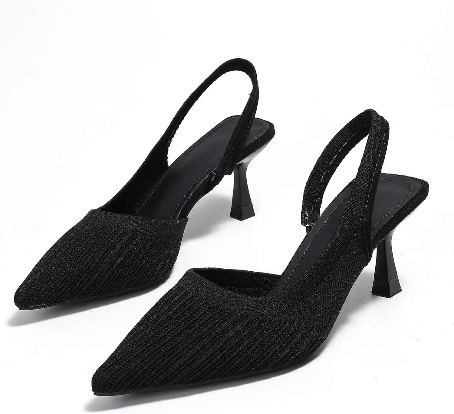 Women's Slingback Kitten Heel Knitted Pumps Breathable Closed Pointed Toe Low Heeled Mesh Ankle Strap Dress Sandals Slip On Casual Work Party Shoes