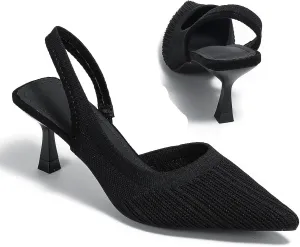 Women's Slingback Kitten Heel Knitted Pumps Breathable Closed Pointed Toe Low Heeled Mesh Ankle Strap Dress Sandals Slip On Casual Work Party Shoes