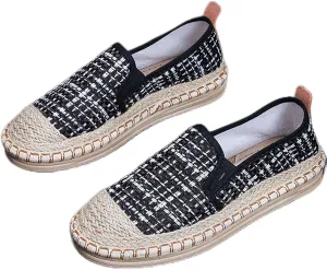 Women's Slip on Fashion Linen Shoes, Chinese Traditional Soft Flat Heel Casual Footwear, Retro Sweet Breathable Flat Shoes,8.5,Black