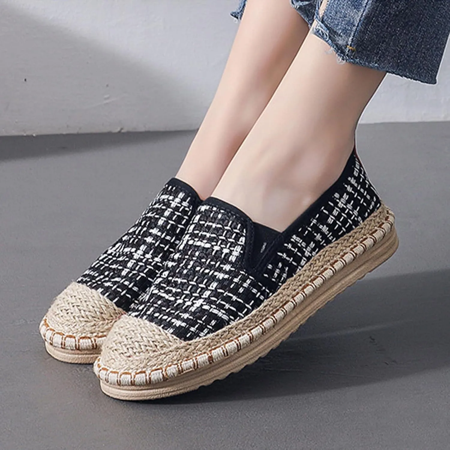 Women's Slip on Fashion Linen Shoes, Chinese Traditional Soft Flat Heel Casual Footwear, Retro Sweet Breathable Flat Shoes,8.5,Black