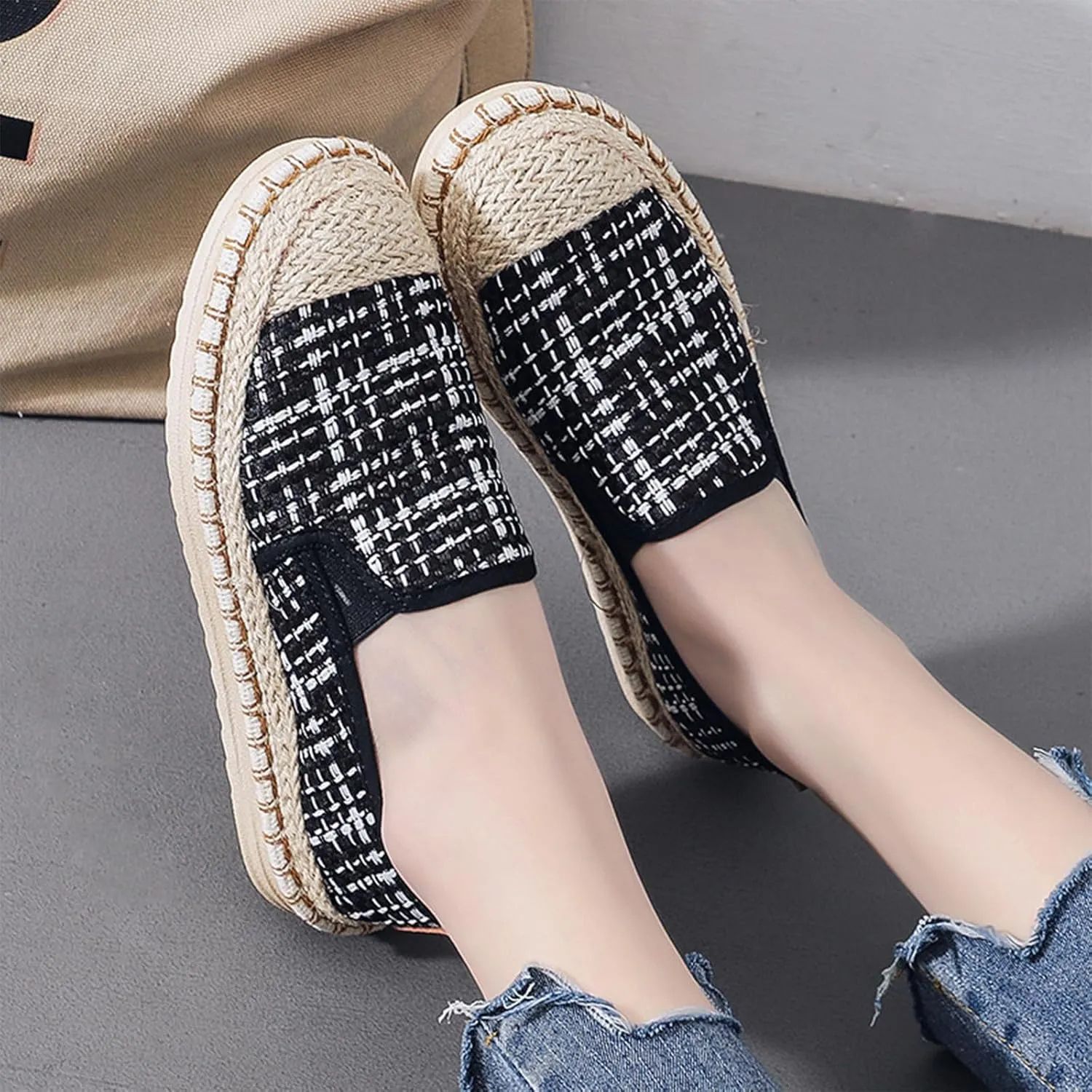 Women's Slip on Fashion Linen Shoes, Chinese Traditional Soft Flat Heel Casual Footwear, Retro Sweet Breathable Flat Shoes,8.5,Black