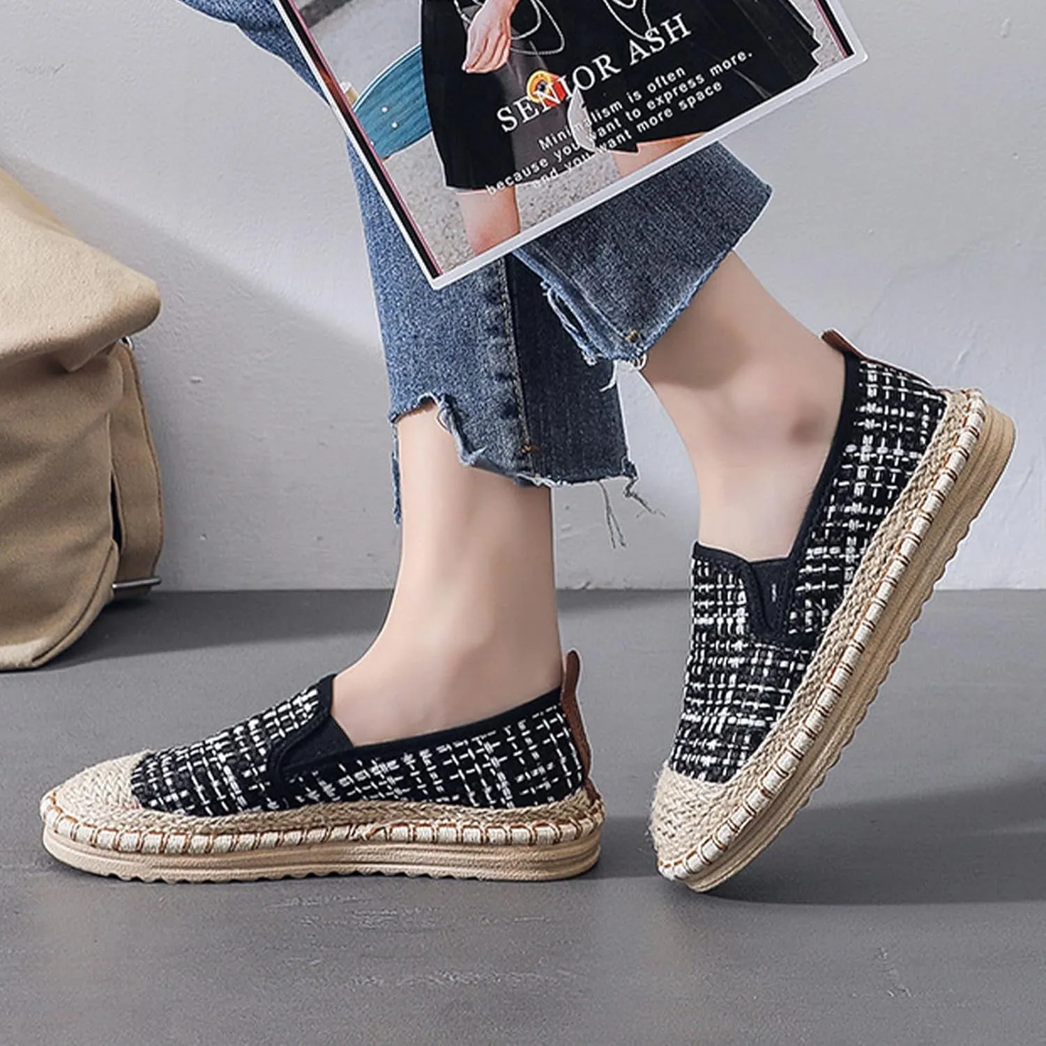 Women's Slip on Fashion Linen Shoes, Chinese Traditional Soft Flat Heel Casual Footwear, Retro Sweet Breathable Flat Shoes,8.5,Black