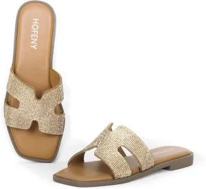 Womens Slip On Flat Sandals Soft Leather Open Toe Slide for Summer Dressy
