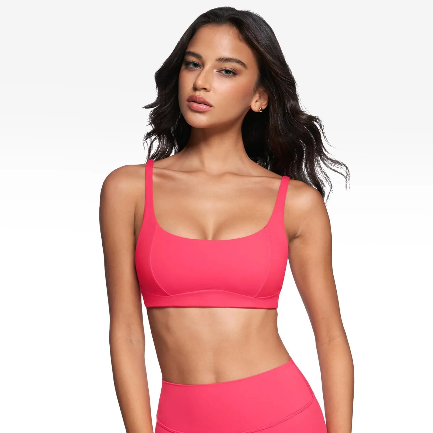 Women's Square Scoop Neck Sports Bra Thin Strap Padded Low Impact Yoga Bandeau Bra Wireless Workout Crop Top