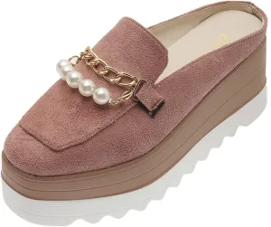 Womens Square Toe Platform Mules Faux Suede Pearl Metal Chain Fashion Slip On Wedge High Heel Slippers