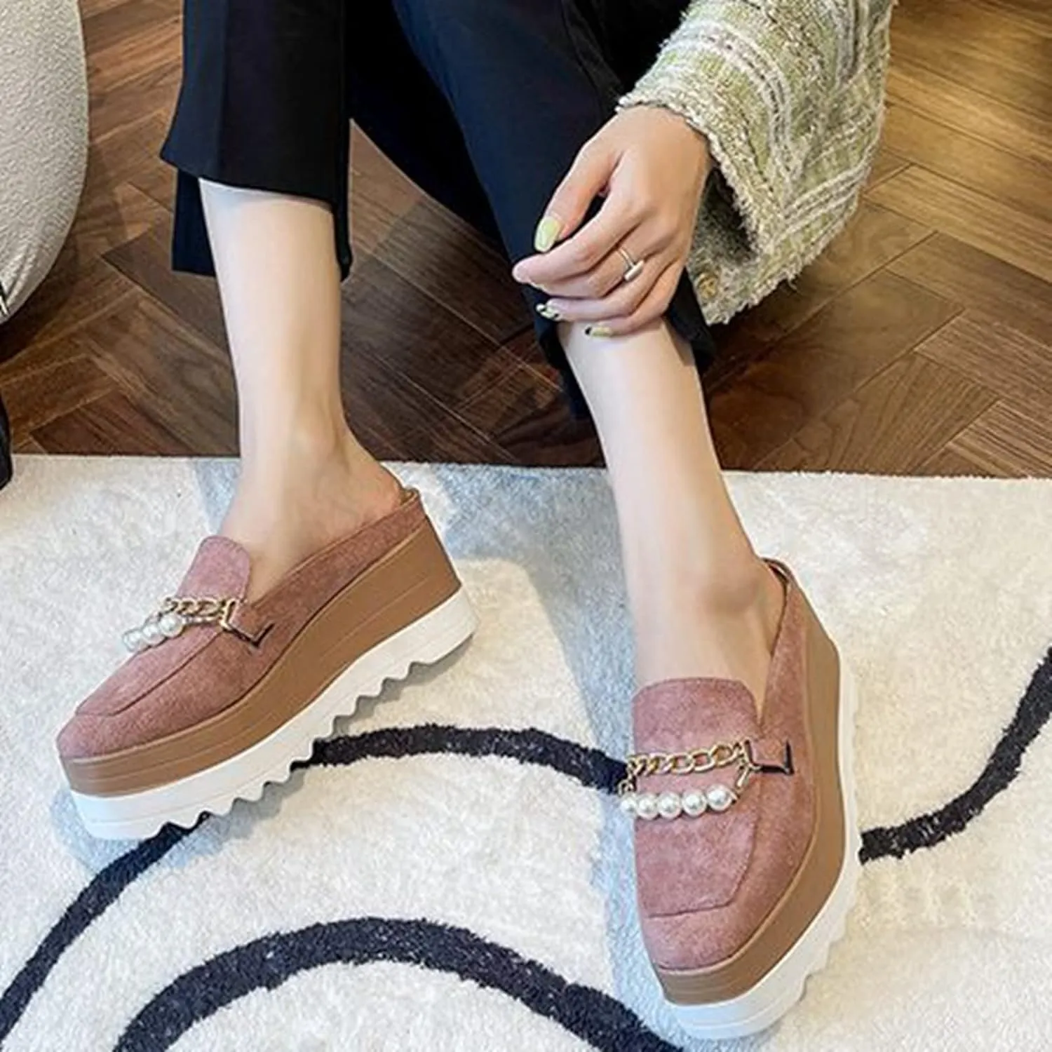 Womens Square Toe Platform Mules Faux Suede Pearl Metal Chain Fashion Slip On Wedge High Heel Slippers