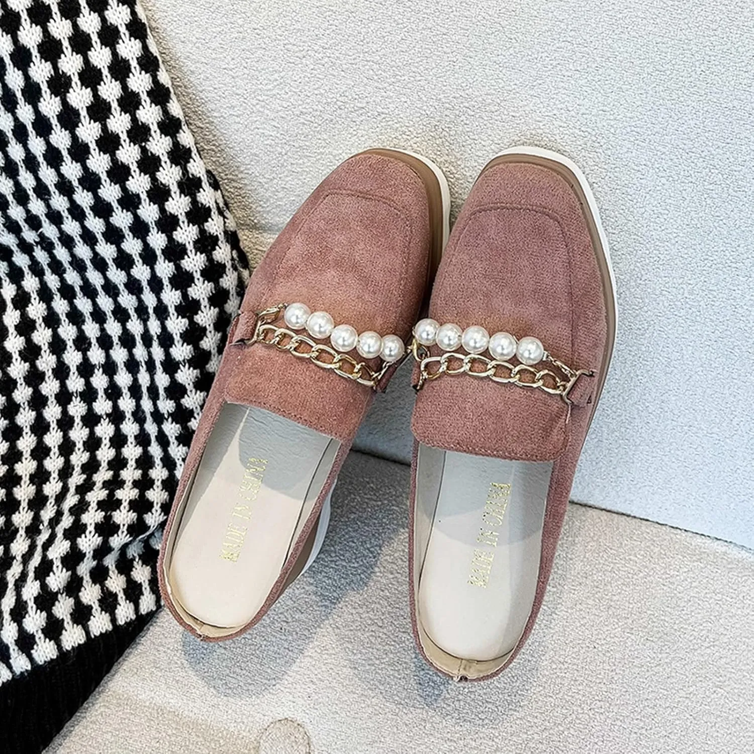 Womens Square Toe Platform Mules Faux Suede Pearl Metal Chain Fashion Slip On Wedge High Heel Slippers
