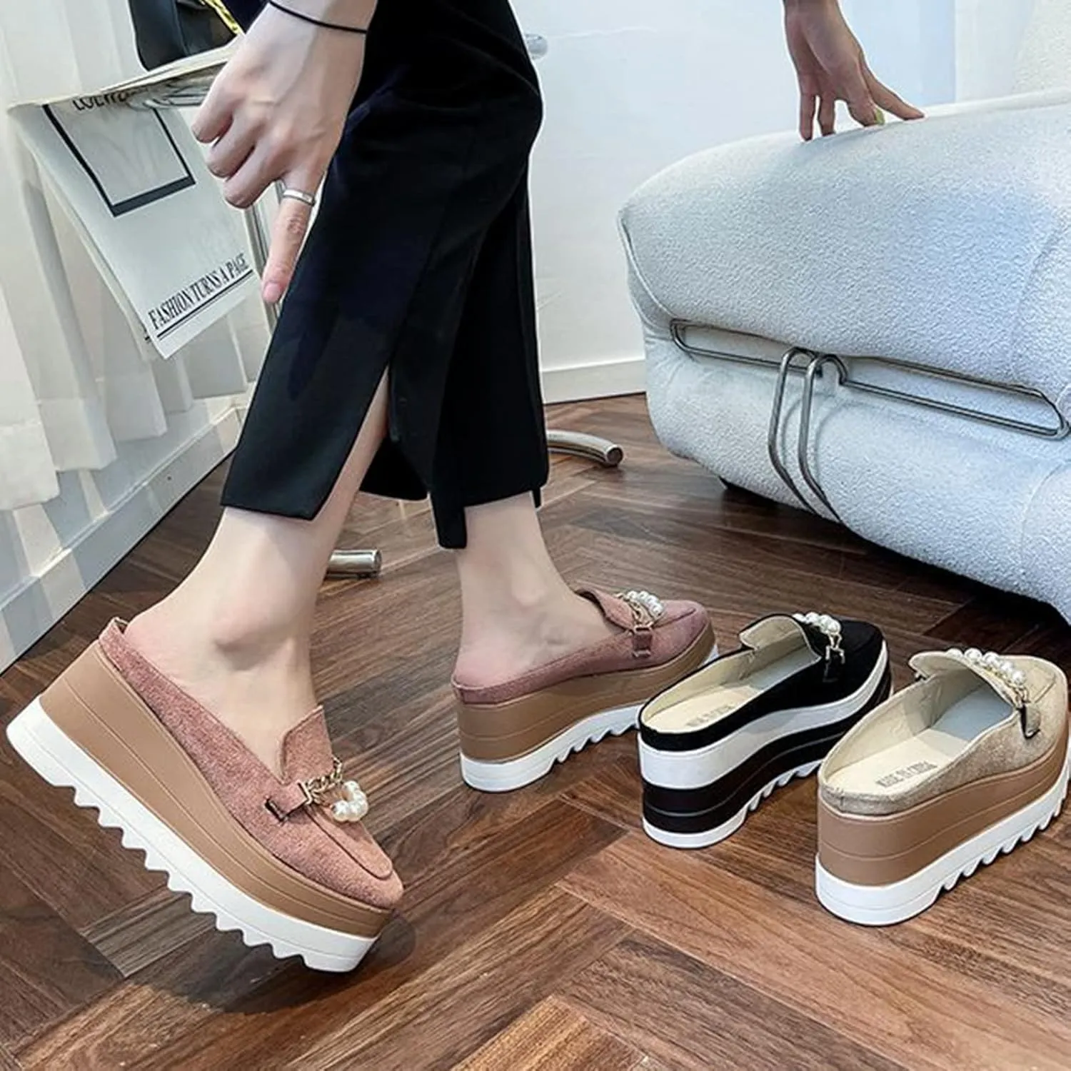Womens Square Toe Platform Mules Faux Suede Pearl Metal Chain Fashion Slip On Wedge High Heel Slippers