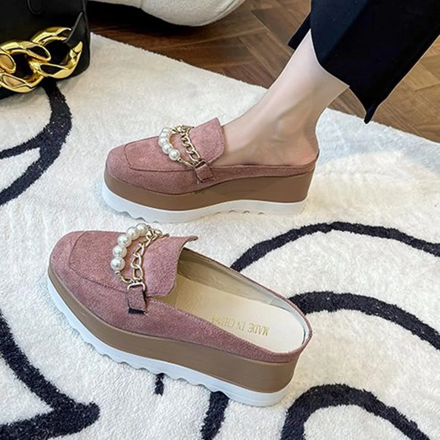 Womens Square Toe Platform Mules Faux Suede Pearl Metal Chain Fashion Slip On Wedge High Heel Slippers