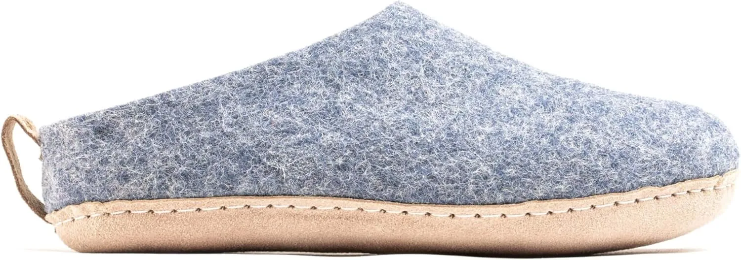Woolly's Indoor Open Heel Slippers With Leather Sole (Denim) - 38 | Premium New Zeland Wool | Handcrafted with Italian Design | Soft, Breathable & Ordor Free